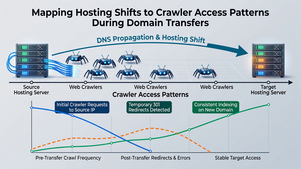 Graph depicting crawler visit frequency mapped against hosting migration timeline